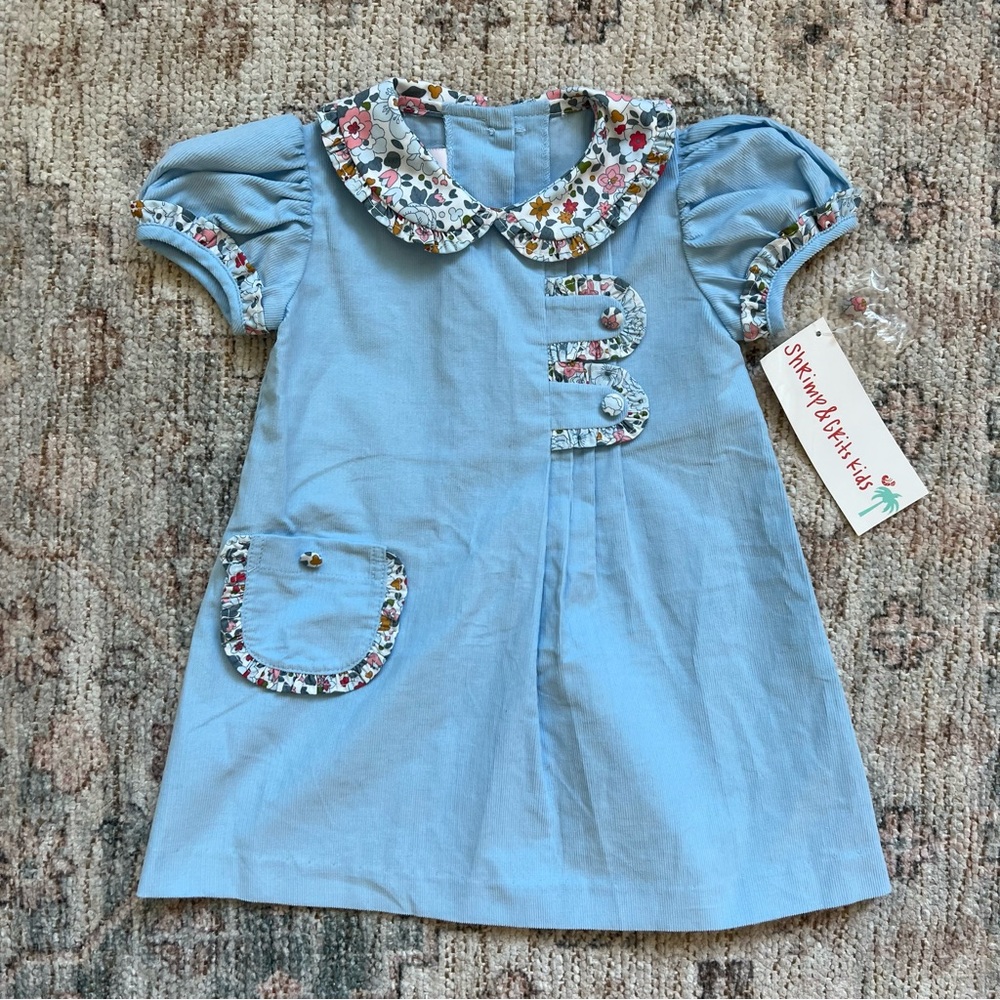 Shrimp & Grits Kids Girl Blue Corduroy Dress w/ Floral collar - NWT!